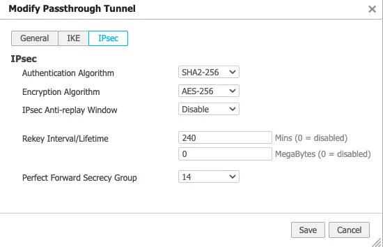 Modify Passthrough Tunnel dialog with IPsec values