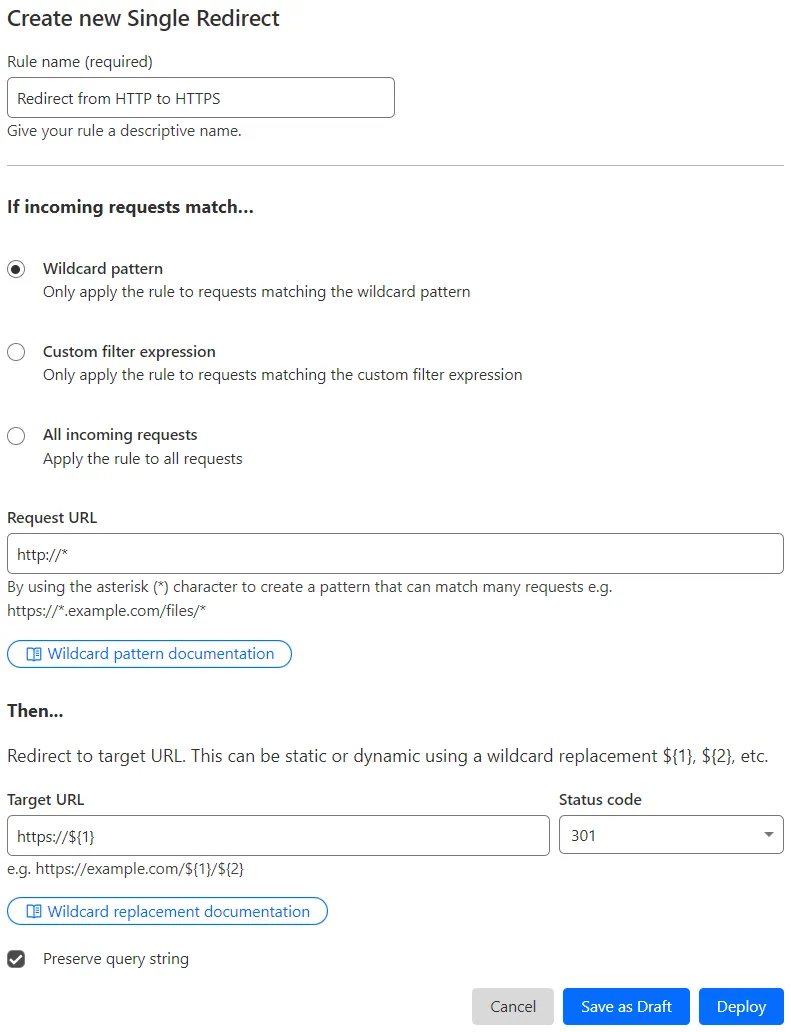 Single redirect matching the 'Always Use HTTPS' setting of the example Page Rule