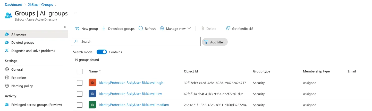 Risky user groups in the Azure AD dashboard