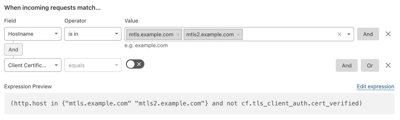 Example of a WAF custom rule with an action block in the Cloudflare dashboard during the validate client certificate step